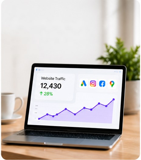 Laptop showing website traffic up 28 percent from Google, Instagram and Facebook campaigns