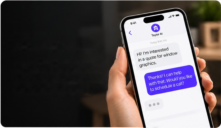 Phone showing an AI assistant replying to a customer text and offering to schedule a call