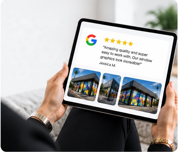Tablet showing a five star Google review and project photos